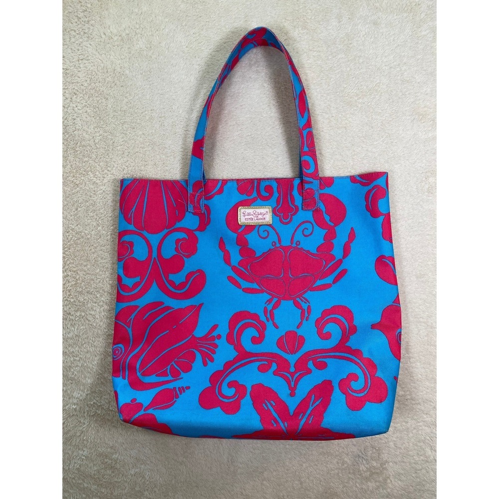 Lilly Pulitzer for Estee Lauder Canvas Tote Bag Blue Pink Crab Fish Sea Life